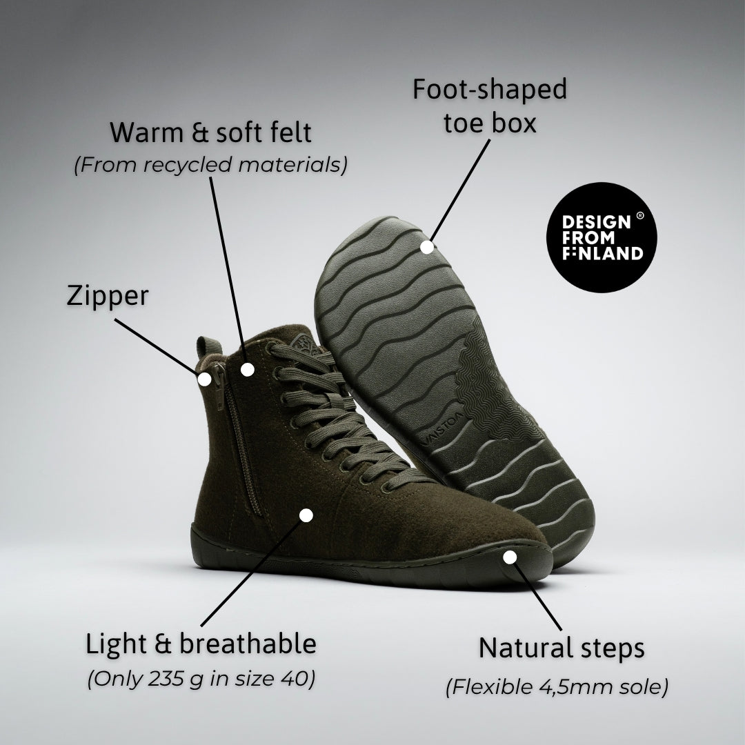 Vaistoa Tunto 2 felt barefoot sneakers – features image labelling warm and soft felt from recycled materials, zipper, foot-shaped toe box, light and breathable construction (235 g in size 40), and natural steps with a flexible 4.5 mm sole, olive colour