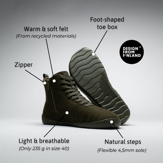 Vaistoa Tunto 2 felt barefoot sneakers – features image labelling warm and soft felt from recycled materials, zipper, foot-shaped toe box, light and breathable construction (235 g in size 40), and natural steps with a flexible 4.5 mm sole, olive colour