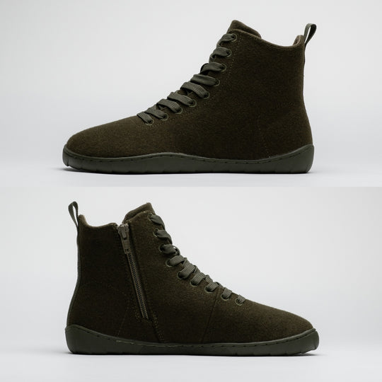 Vaistoa Tunto 2 felt barefoot sneakers – side profile views from both sides, top without the zipper, bottom with the zipper side, olive colour