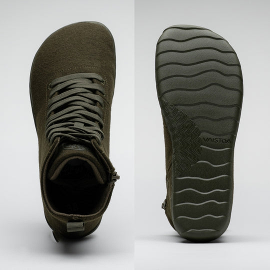 Vaistoa Tunto 2 felt barefoot sneakers – split image, left shows the shoe from directly above, right shows the outsole upright viewed straight-on from the front, olive colour