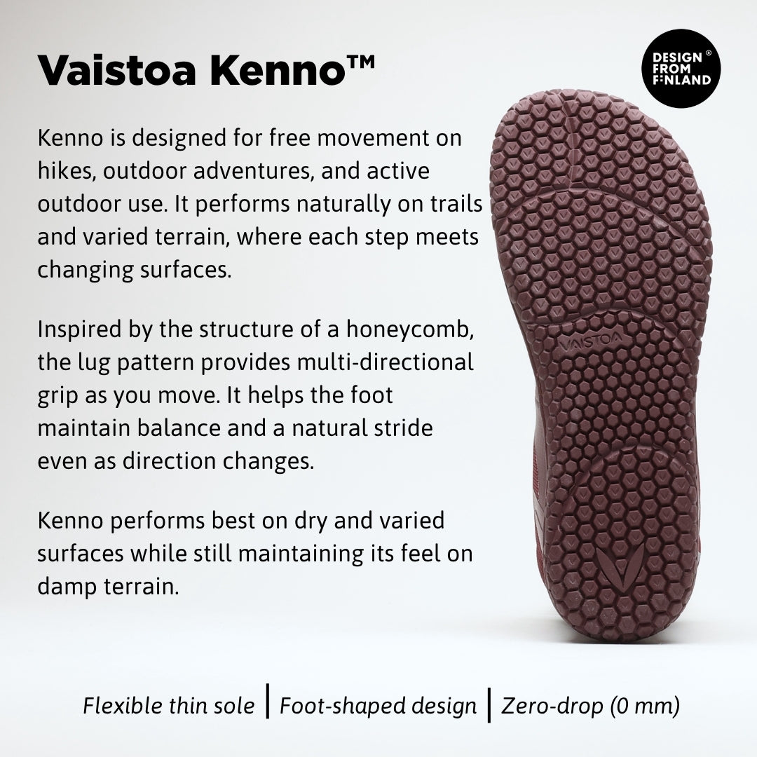 Vaistoa Tuohi 2 barefoot light hiking shoes burgundy – infographic of the Vaistoa Kenno™ outsole, showing the outsole and the Design from Finland mark. The text explains that Kenno is designed for free movement on hikes and varied terrain, that the honeycomb-inspired lug pattern gives multi-directional grip, and that it performs best on dry and varied surfaces while keeping its feel on damp ground. Bottom row: flexible thin sole, foot-shaped design, zero-drop 0 mm
