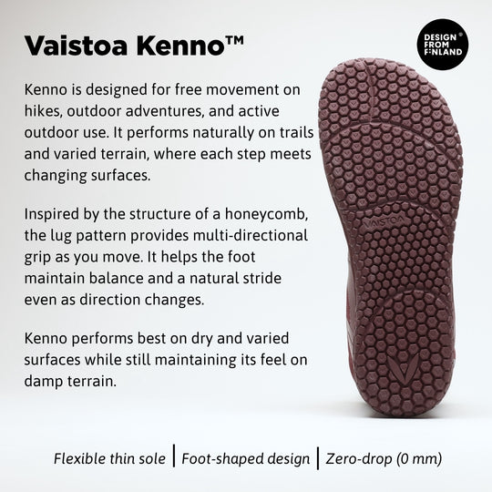 Vaistoa Tuohi 2 barefoot light hiking shoes burgundy – infographic of the Vaistoa Kenno™ outsole, showing the outsole and the Design from Finland mark. The text explains that Kenno is designed for free movement on hikes and varied terrain, that the honeycomb-inspired lug pattern gives multi-directional grip, and that it performs best on dry and varied surfaces while keeping its feel on damp ground. Bottom row: flexible thin sole, foot-shaped design, zero-drop 0 mm