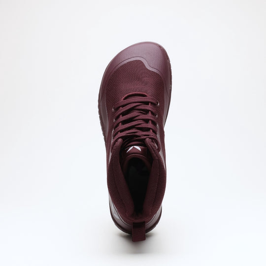 Vaistoa Tuohi 2 barefoot light hiking shoes burgundy – one shoe seen from directly above with the laces open, showing the wide foot-shaped toe box