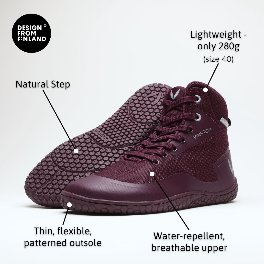Vaistoa Tuohi 2 barefoot light hiking shoes burgundy – infographic showing two shoes and four callouts: lightweight, only 280 g in size 40; natural step; thin, flexible, patterned outsole; water-repellent, breathable upper. The Design from Finland mark is also shown