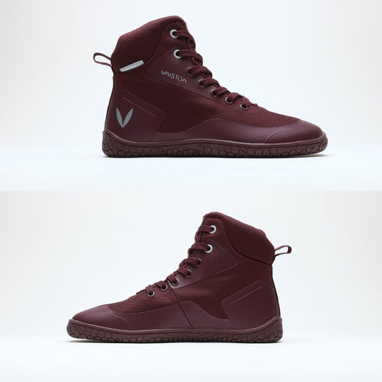Vaistoa Tuohi 2 barefoot light hiking shoes burgundy – a two-part image of the same shoe from the side, the lateral side above and the medial side below, showing the flat zero-drop outsole