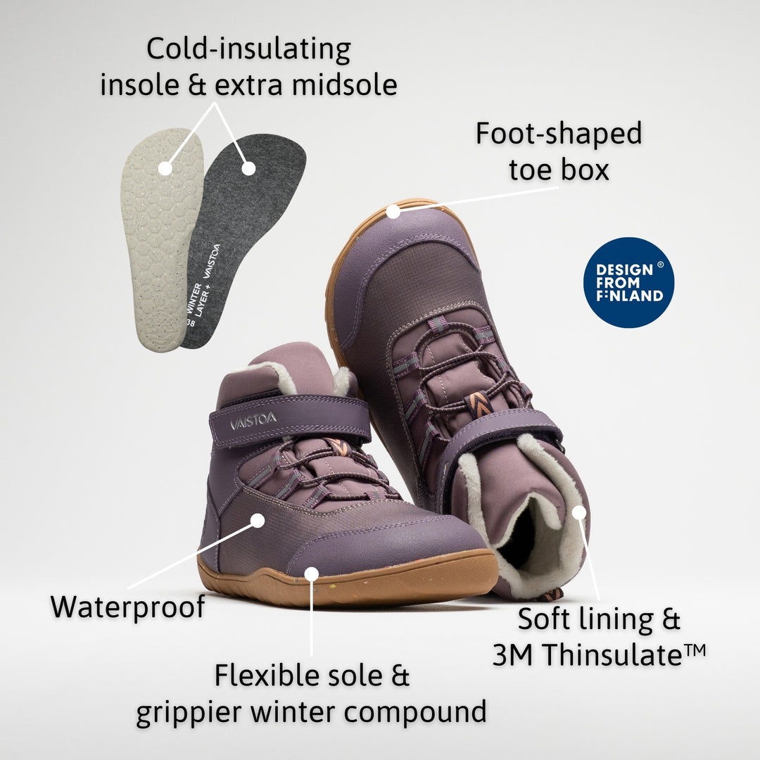 Vaistoa Ulappa 2 kids waterproof barefoot sneakers – infographic of the shoe's features: a pair with one shoe standing in front and the other leaning behind it showing the faux fur lining, with two removable insoles above and the Design from Finland badge. Labels: Cold-insulating insole & extra midsole · Foot-shaped toe box · Waterproof · Soft lining & 3M Thinsulate™ · Flexible sole & grippier winter compound