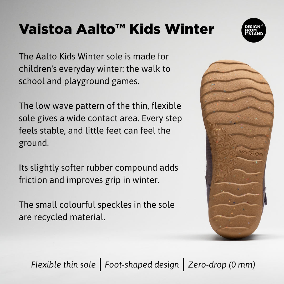 Vaistoa Ulappa 2 kids waterproof barefoot sneakers – infographic of the outsole, Design from Finland badge. Heading: Vaistoa Aalto™ Kids Winter. The Aalto Kids Winter sole is made for children's everyday winter: the walk to school and playground games. The low wave pattern of the thin, flexible sole gives a wide contact area. Every step feels stable, and little feet can feel the ground. Its slightly softer rubber compound adds friction and improves grip in winter.