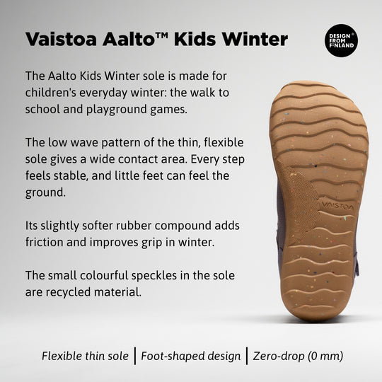 Vaistoa Ulappa 2 kids waterproof barefoot sneakers – infographic of the outsole, Design from Finland badge. Heading: Vaistoa Aalto™ Kids Winter. The Aalto Kids Winter sole is made for children's everyday winter: the walk to school and playground games. The low wave pattern of the thin, flexible sole gives a wide contact area. Every step feels stable, and little feet can feel the ground. Its slightly softer rubber compound adds friction and improves grip in winter.