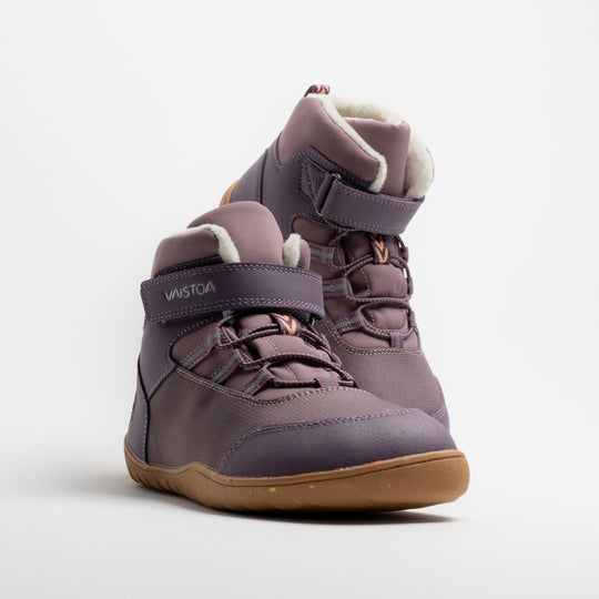 Vaistoa Ulappa 2 kids waterproof barefoot sneakers – pair shown from a front angle with one shoe in front of the other and the faux fur lining visible at the collar