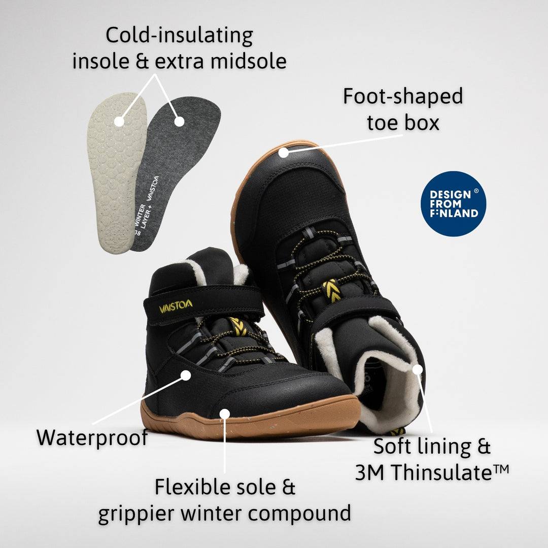 Vaistoa Ulappa 2 kids waterproof barefoot sneakers – infographic of the shoe's features: a pair with one shoe standing in front and the other leaning behind it showing the faux fur lining, with two removable insoles above and the Design from Finland badge. Labels: Cold-insulating insole & extra midsole · Foot-shaped toe box · Waterproof · Soft lining & 3M Thinsulate™ · Flexible sole & grippier winter compound