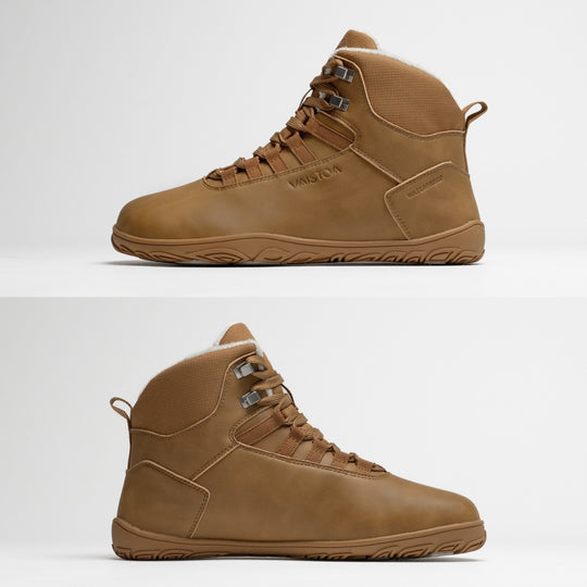 Vaistoa Uoma 4 winter barefoot trekking boots – side profiles of the shoe from both sides, showing the flat zero drop outsole