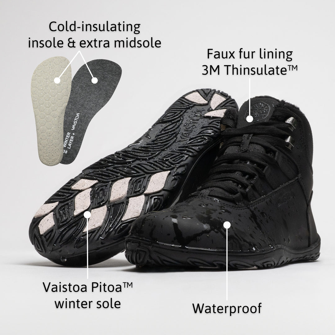 Vaistoa Uoma 4 winter barefoot trekking boots – infographic of the shoe's features: a pair with water droplets on the surface and the removed insole and extra midsole. Labels: Cold-insulating insole & extra midsole · Faux fur lining 3M Thinsulate™ · Vaistoa Pitoa™ winter sole · Waterproof