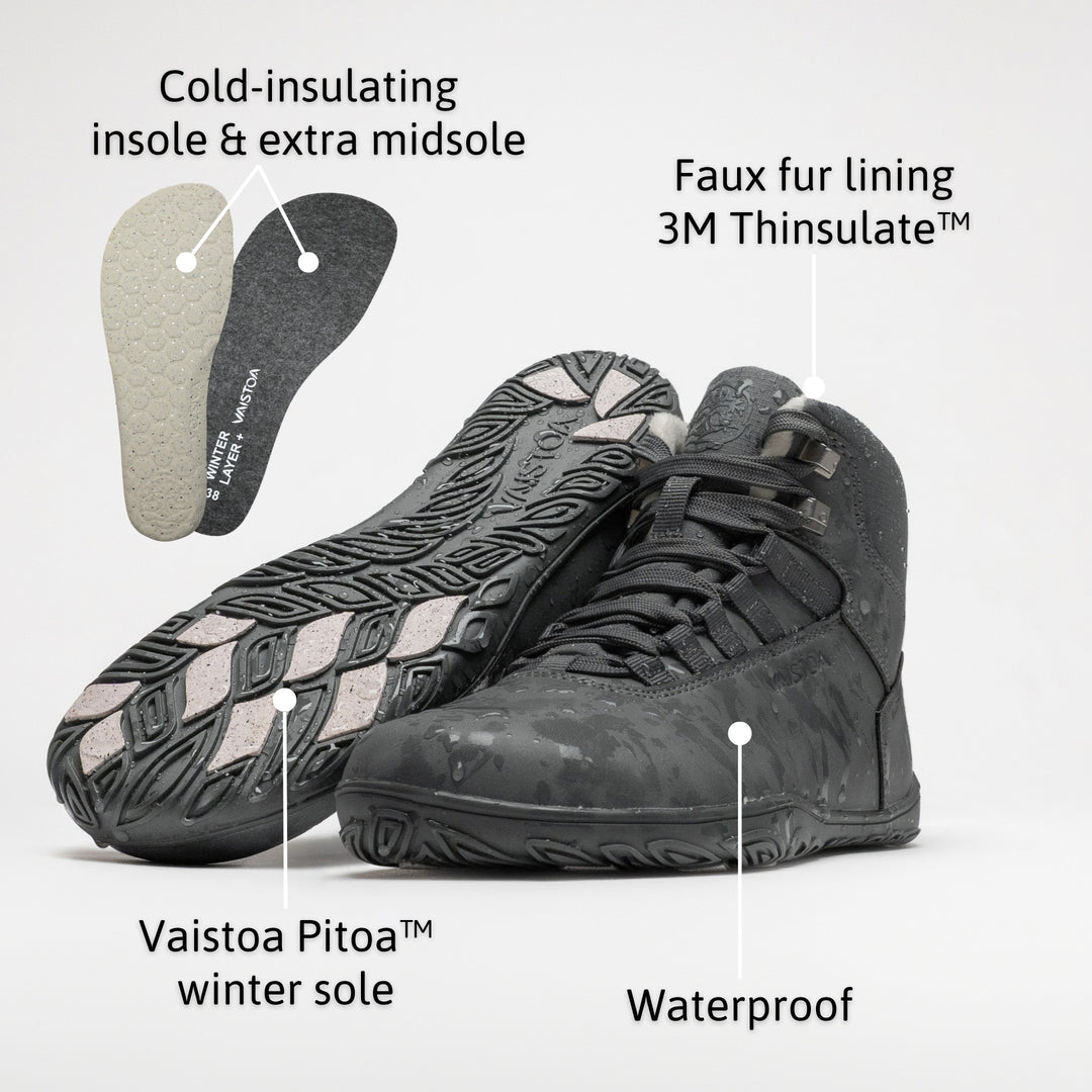 Vaistoa Uoma 4 winter barefoot trekking boots – infographic of the shoe's features: a pair with water droplets on the surface and the removed insole and extra midsole. Labels: Cold-insulating insole & extra midsole · Faux fur lining 3M Thinsulate™ · Vaistoa Pitoa™ winter sole · Waterproof