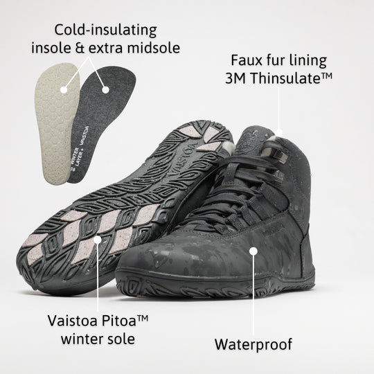 Vaistoa Uoma 4 winter barefoot trekking boots – infographic of the shoe's features: a pair with water droplets on the surface and the removed insole and extra midsole. Labels: Cold-insulating insole & extra midsole · Faux fur lining 3M Thinsulate™ · Vaistoa Pitoa™ winter sole · Waterproof