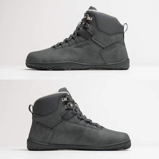 Vaistoa Uoma 4 winter barefoot trekking boots – side profiles of the shoe from both sides, showing the flat zero drop outsole