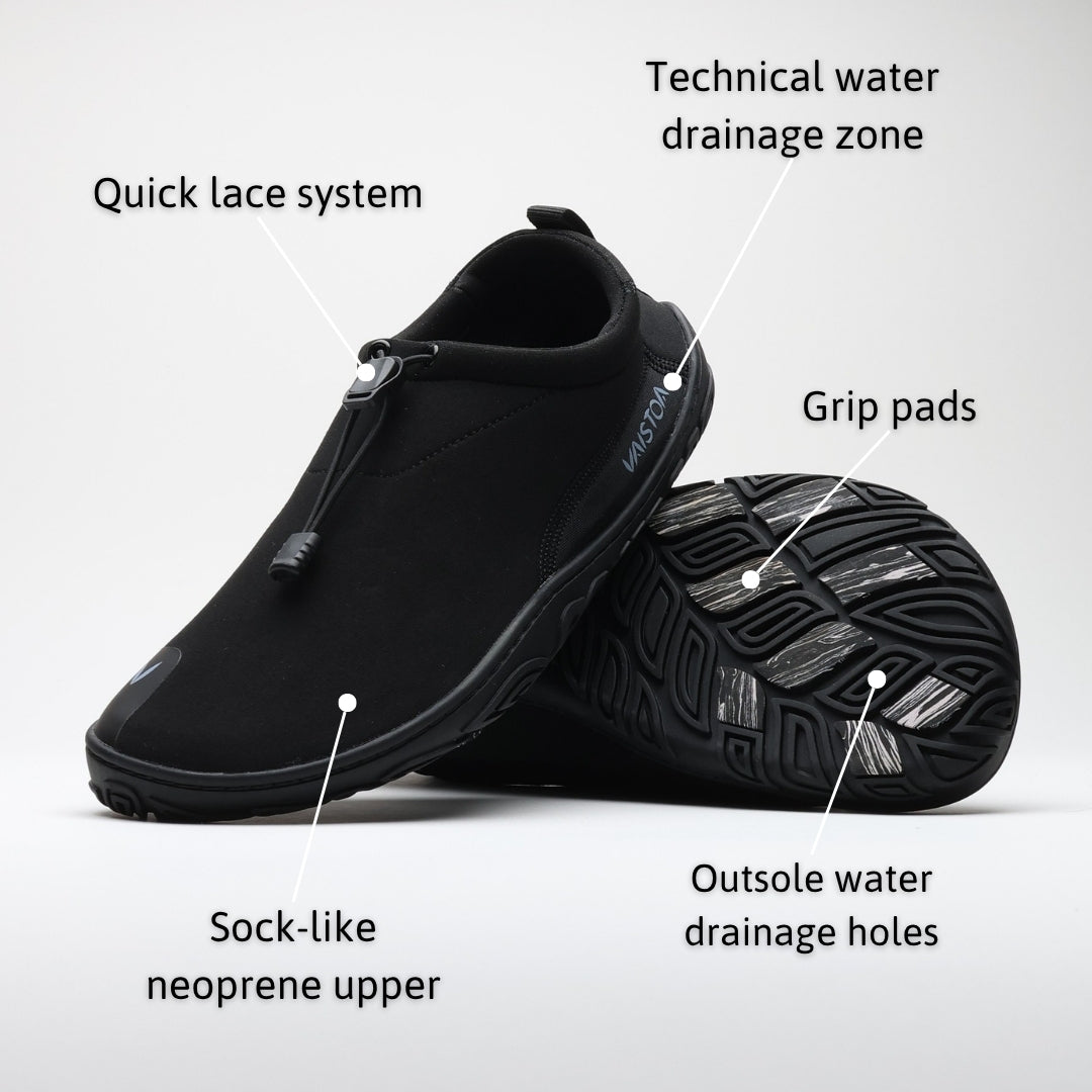 Vaistoa Vire features: quick lace system, technical water drainage zone, grip pads, outsole water drainage holes and a sock-like neoprene upper