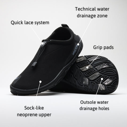 Vaistoa Vire features: quick lace system, technical water drainage zone, grip pads, outsole water drainage holes and a sock-like neoprene upper