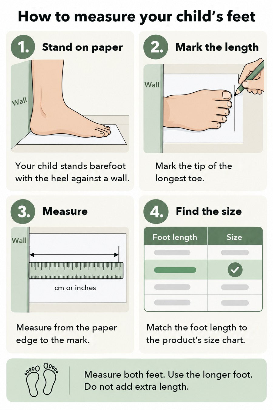 How to measure your child’s feet: your child stands barefoot with the heel against a wall, mark the tip of the longest toe, measure from the paper edge to the mark and match the foot length to the product’s size chart. Measure both feet and use the longer foot.