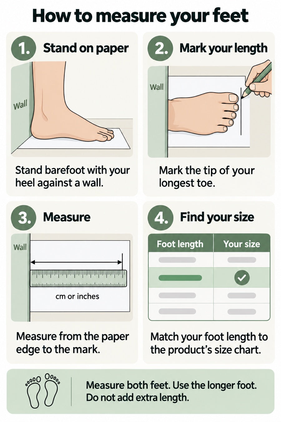 How to measure your feet: stand on paper with your heel against a wall, mark the tip of your longest toe, measure from the paper edge to the mark and match your foot length to the size chart. Measure both feet and use the longer foot.