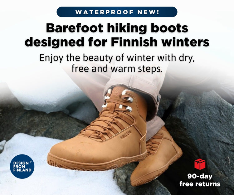 Barefoot hiking boots designed for Finnish winters